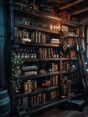 Realistic dark academia bookshelf, old books with potion bottles nestled between, in a dimly lit room