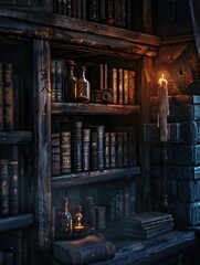 Realistic dark academia bookshelf, old books with potion bottles nestled between, in a dimly lit room
