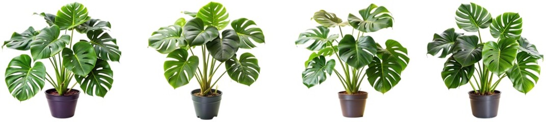 set of tropical house plant monstera in pot - ornamental plants, indoor decorative plants isolated on transparent background