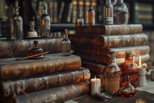 Moody, hyper-realistic scene of potion bottles hidden among aged leather books in a dark library