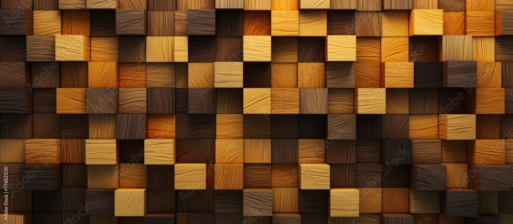 Poster a rustic wall made of wood featuring an array of colorful square patterns in different hues and shad