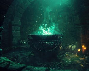 Detailed, atmospheric shot of a cauldron with glowing potion, in the depths of a witch's dark lair - obrazy, fototapety, plakaty