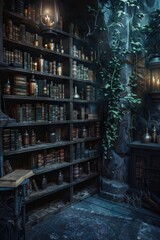 Hyper-realistic dark academia library nook, with books and potion bottles under moody, mysterious lighting