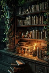 Hyper-realistic dark academia library nook, with books and potion bottles under moody, mysterious lighting