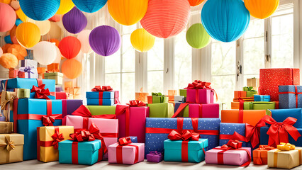 Children's Day holiday background, balloons and gifts