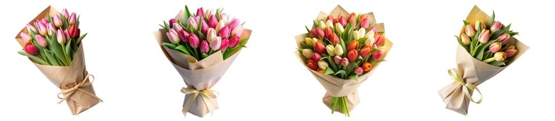 set of bouquet of tulip wrapped around with gift paper isolated on transparent background