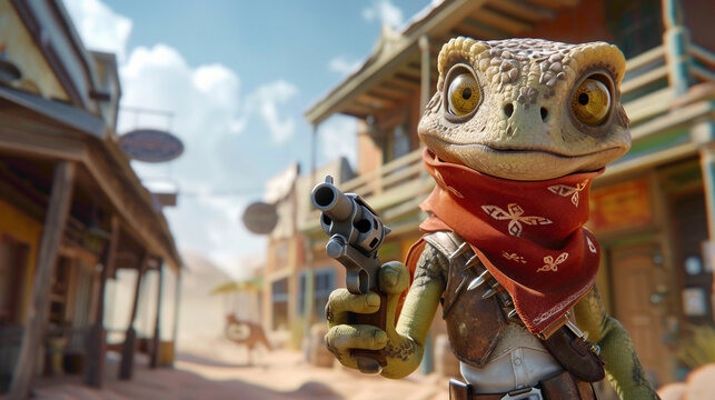 Cartoon portrait lizard in cowboy style. cute little cowboy dinosaur in vintage American village.	