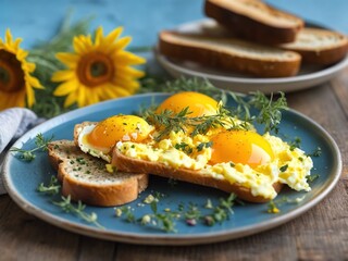 Mixed eggs, with a sprinkle of salt, cracked black pepper and fresh herbs on a wooden breakfast table set in summer.
