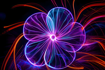 Glowing neon sand dollar surrounded by light trails isolated on black background.