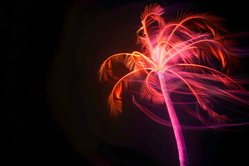 Neon palm tree silhouette isolated on black background.