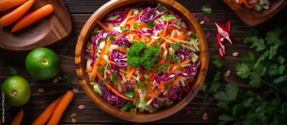 Poster fresh vegetables like carrots and cabbage are neatly arranged in a wooden bowl, creating a colorful 