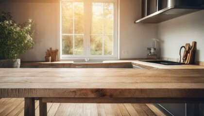 Minimalist Charm: Blurred Interior with Wood Table