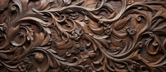 Intricate carving of flowers and foliage on a wooden panel, showcasing detailed craftsmanship