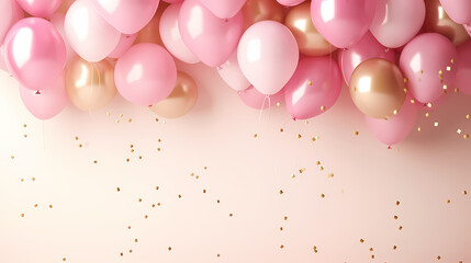 Birthday background with balloons, gold and pink, large copyspace area