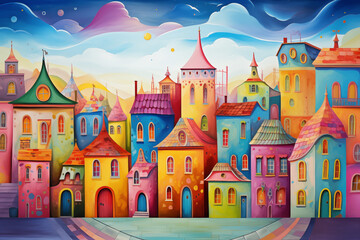 Fototapeta premium The illustrations are watercolor paintings. Colorful city pictures are used to decorate and add beauty. Medieval castle amidst lush greenery With the vast sky as the background 