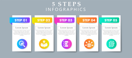 Steps infographics design layout template including icons of research, participant, poll, data collection and results. Creative presentation with 5 steps concept.