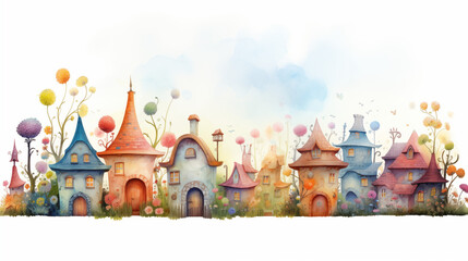 Illustration. Watercolor painting of a fantasy castle, fairytale kingdom.	
