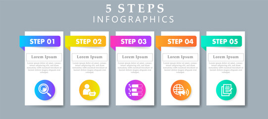 Steps infographics design layout template including icons of research, client, poll, marketing and results. Creative presentation with 5 steps concept.