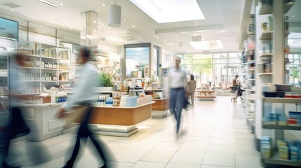 busy blurred pharmacy interior
