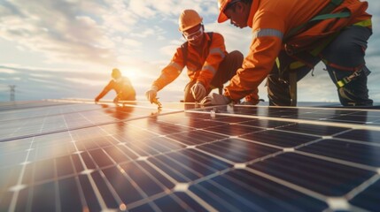 A diverse team of workers clad in safety gear working together to install a solar panel on a rooftop representing the collaborative . .