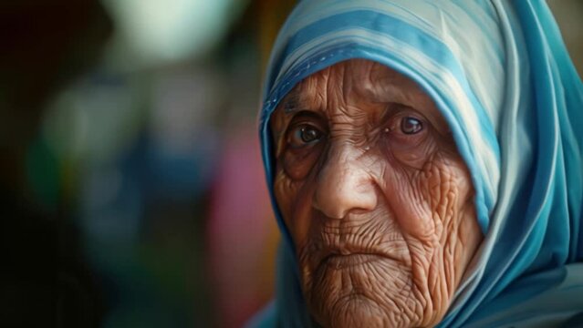 Picture of a poor elderly Indian woman Mother Teresa's Mercy and Charitable Mission Emphasize the difference between hardship and pity.	
