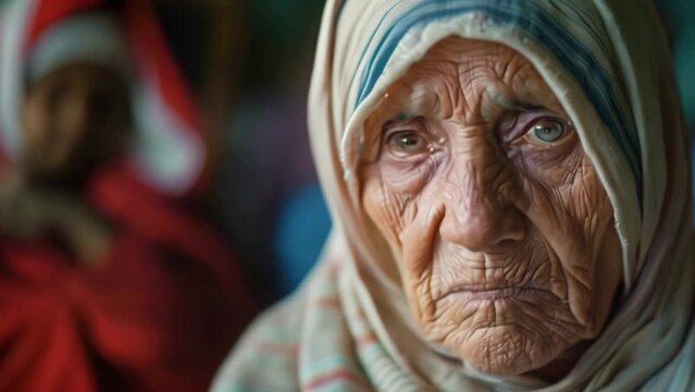 Picture of a poor elderly Indian woman Mother Teresa's Mercy and Charitable Mission Emphasize the difference between hardship and pity.	
