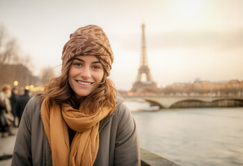 Portrait of a cheerful and happy beautiful young woman visiting Paris on the riverbank and Eiffel Tower at sunset on a cold autumn day. Wanderlust concept