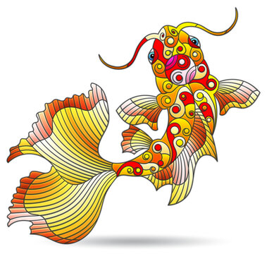 Stained glass illustrations with koi carp fish, animals isolated on a white background