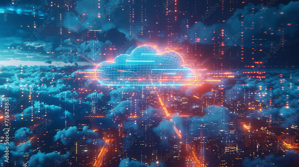Poster A computer generated image of a cloud with a city below it