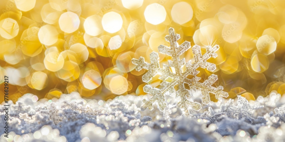 Poster a single snowflake is resting in a bed of snowflakes. the delicate crystal structure of the snowflak
