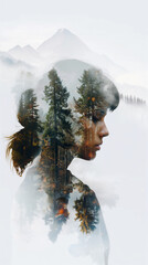 Woman Face and Forest Double exposure Fusion: Illustrating the Harmony of Man Kind with Nature - Art for Covers, Cards, Interiors, and Posters.