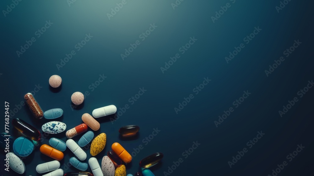 Poster a collection of assorted pills is neatly piled on top of a table, showcasing a variety of shapes, si