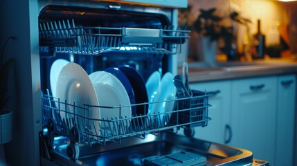 A dishwasher in a typical kitchen setting, filled with various dishes, plates, glasses, and utensils. The dishes are neatly organized inside the dishwasher, ready for washing after a meal. - obrazy, fototapety, plakaty