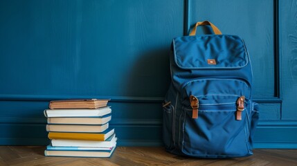 A blue backpack is positioned beside a neat stack of various books. The backpack looks sturdy with multiple compartments, while the books vary in size and color, suggesting diverse subjects. 