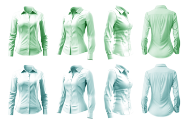 2 Set of woman pastel green turquoise blue button up long sleeve collar slim fitting shirt front, back side view on transparent background cutout, PNG file. Mockup template for artwork graphic design