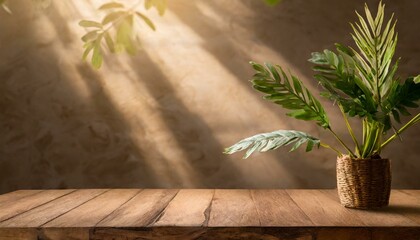 Tranquil Shadows: Wood Table Backdrop with Leaf Silhouettes