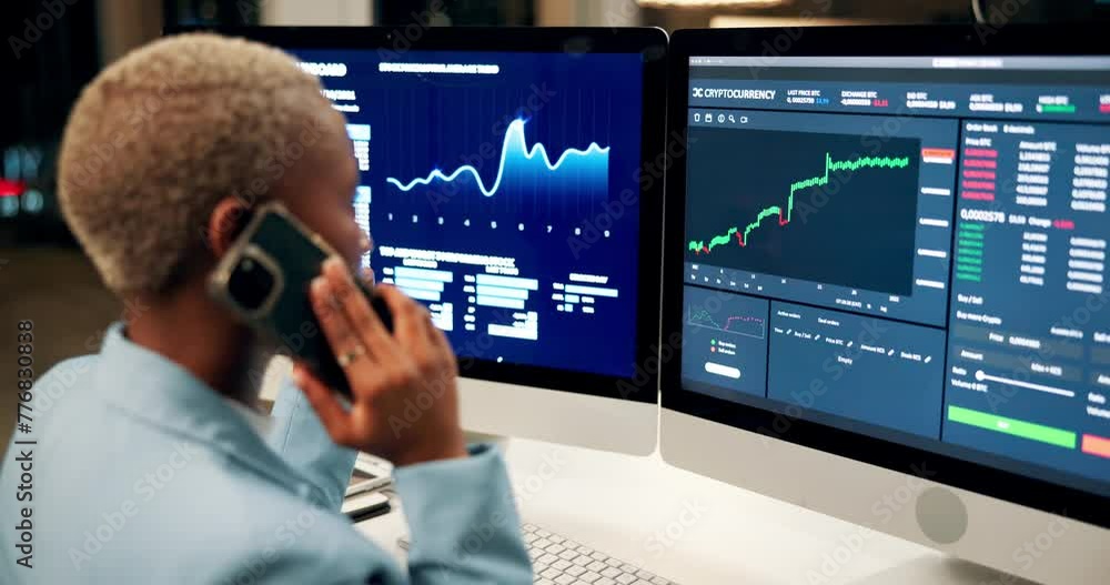 Poster computer screen, stock market and black woman on call with client for data analytics, trends or prof