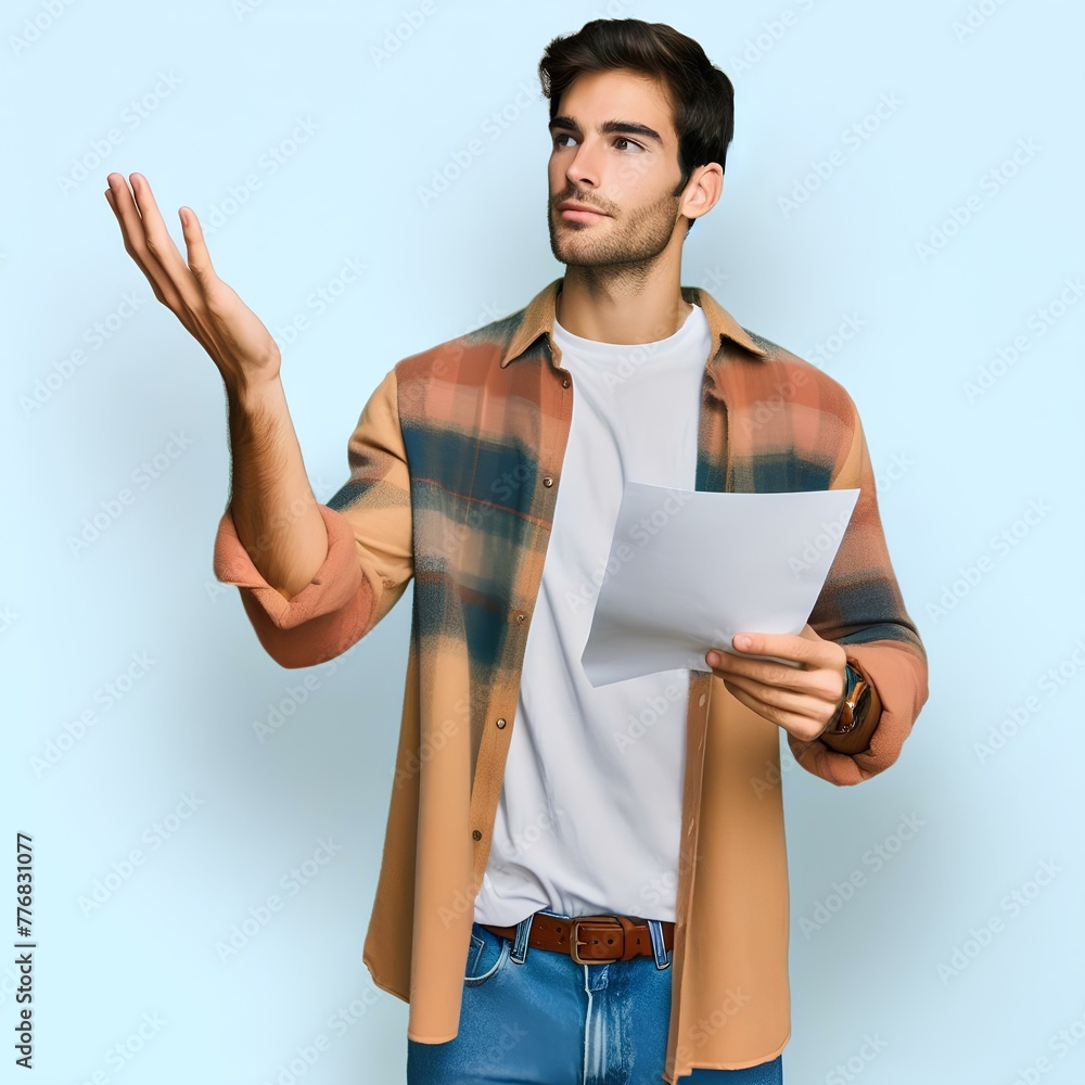 Wall mural image of a man wearing casual attire showcasing a document with his right hand, man holding a paper 