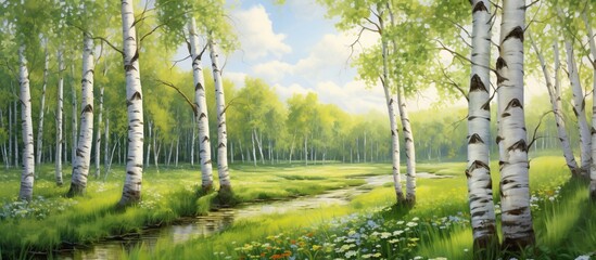 Obraz premium Lush green forest painting featuring a meandering stream surrounded by tall trees and rich foliage