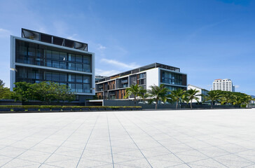 Modern office building exterior with blue sky