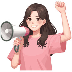 Naklejka premium Happy Smiling woman wearing pink t-shirt holding a loudspeaker vector