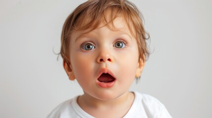 A close-up of a surprised toddler with wide blue eyes, embodying a moment of innocent astonishment and the purity of discovery. - obrazy, fototapety, plakaty