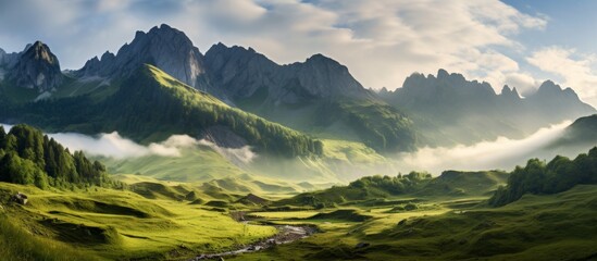 A picturesque green valley nestled between towering mountains, with fluffy white clouds in the background