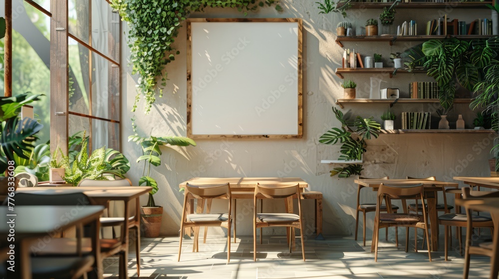 Poster a restaurant with a white wall and a large window. the room is filled with potted plants and bookshe