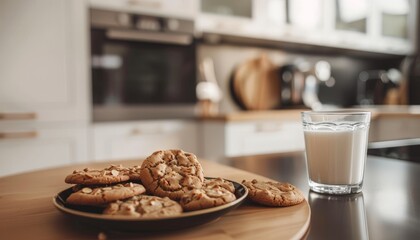 a plate of fresh chocolate cookies and a glas of milk on a kitchen counter