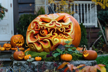 Intricately Carved Pumpkin Displaying an Artistic Pattern Surrounded by Autumn Decor