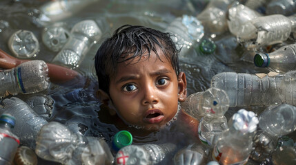 Young Child with Scared Worried Face Drowning in Ocean Sea of Recycled Plastic Water Bottles