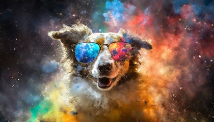 Wallpaper cute funny dog floating in the space with transparent glasses  AI Illustration