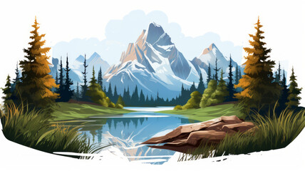 Colorful illustration of scenery mountains and  the lake.  Vacation by the mountain lake.