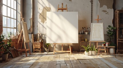A white canvas is on a wooden easel in a room with a window. The room is filled with art supplies and plants. Scene is calm and peaceful, as the room is designed for creating art